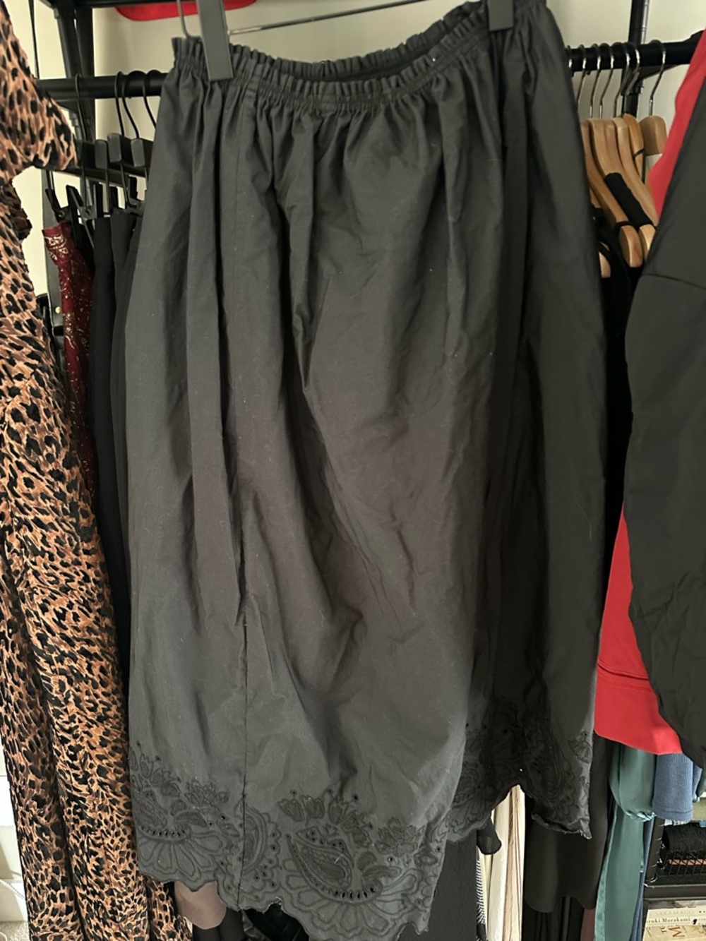 Aritzia Little Moon Black Midi Skirt with Embroidered Hem